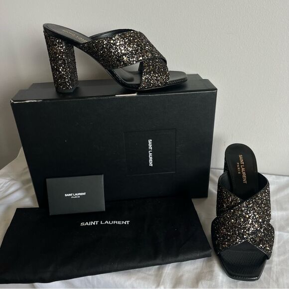 NEW | SAINT LAURENT Glitter YSL Shimmer Lou Lou 95 Sanda Midnight Nero Sz. 37.5 - Picture 1 of 12